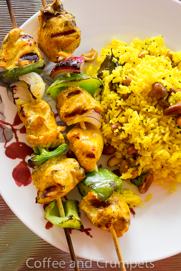 Chicken Tikka Skewers with Almond and Spinach Rice